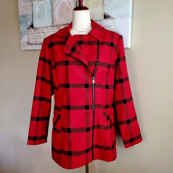 Liz Claiborne Jackets & Blazers - LIZ CLAIBORNE | Red & Black Plaid Zip-Up Dress Coat sz L